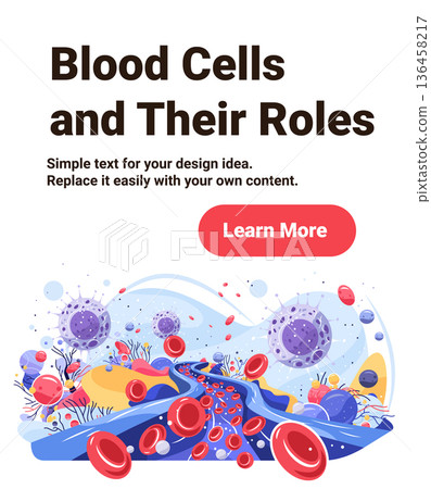 Blood cells anatomy roles medical diagram stream with red blood cells viruses microscopic infection background abstract shapes blue yellow Blood cells anatomy roles medical diagram stream with red blood cells viruses microscopic infection background abstract shapes blue yellow 136458217