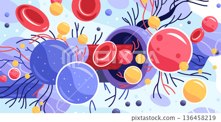 Virus bacteria parasite pathogen infection disease anatomy medical diagram showing colorful blood cells microbes and immune response in abstract style Virus bacteria parasite pathogen infection disease anatomy medical diagram showing colorful blood cells microbes and immune response in abstract style 136458219