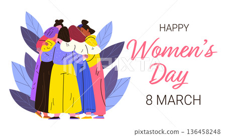 8 March womens day group hug unity celebration diverse women embracing surrounded by abstract leaves colorful background website banner 136458248