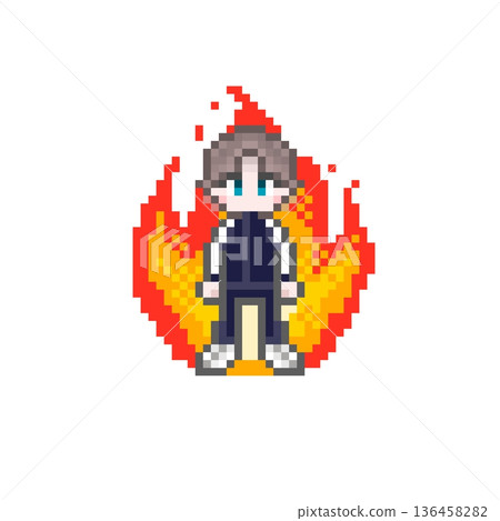 身穿長袖運動衫的男學生，對像素藝術充滿熱情。 136458282