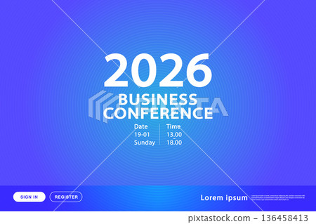 Business conference and corporate event background with a bright blue gradient. This meeting invitation template features minimalist circular lines for a professional banner. 136458413
