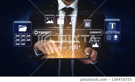 Business professional using digital tablet with graphic interface showcasing data generation, artificial intelligence, and multimedia elements in dark setting Quark Business professional using digital tablet with graphic interface showcasing data generation, artificial intelligence, and multimedia elements in dark setting Quark 136458555