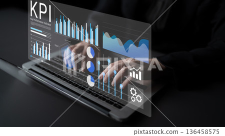 Modern Digital Dashboard Displaying Key Performance Indicators with Graphs and Data Analysis in a Professional Office Environment Gantry 136458575