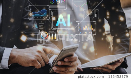 Business professionals discussing innovative technology trends with smartphones featuring graphs, data analysis, and artificial intelligence concepts in modern workspace Gluon 136458579