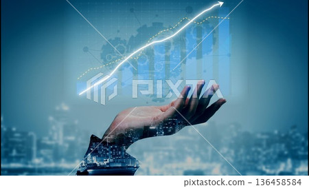 Futuristic Hand Holding Graph with Increasing Trend and City Skyline, Symbolizing Growth, Technology, and Business Success in Modern Era Copula Futuristic Hand Holding Graph with Increasing Trend and City Skyline, Symbolizing Growth, Technology, and Business Success in Modern Era Copula 136458584