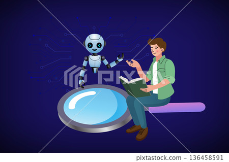 AI research and discovery concept. A student and robot assistant sitting on a large magnifying glass, symbolizing data analysis in a digital network. 136458591