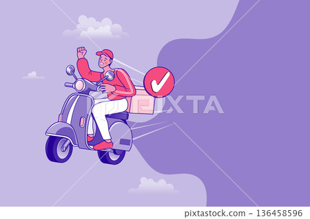 Fast scooter delivery service with check mark and copy space. Happy courier riding a motor scooter for express shipping. Professional delivery concept with blank space for text. 136458596