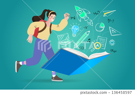 Education concept with creative learning icons and student girl. Flat vector illustration of a girl jumping with joy from a book filled with rocket, lightbulb, and science symbols. Education concept with creative learning icons and student girl. Flat vector illustration of a girl jumping with joy from a book filled with rocket, lightbulb, and science symbols. 136458597