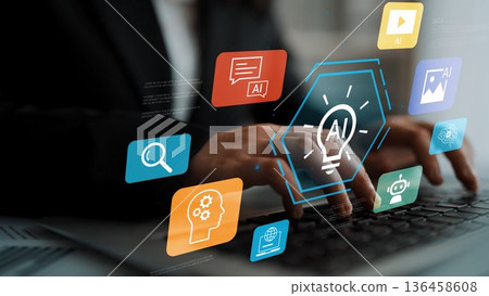 Hands of a Professional Typing on Laptop in a Modern Office Setting Surrounded by Colorful Digital Icons Representing Artificial Intelligence Concepts Gluon Hands of a Professional Typing on Laptop in a Modern Office Setting Surrounded by Colorful Digital Icons Representing Artificial Intelligence Concepts Gluon 136458608