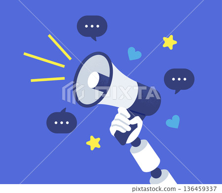 Marketing automation. Vector image of a robot hand holding a megaphone and social media reactions. 136459337