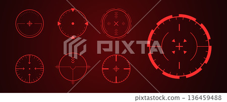 Crosshair Hud red. Futuristic neon light and laser Hud for game interface. Various glowing icons. UI Vector illustration 136459488