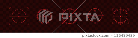 Crosshair Hud red. Immersive game interface. Various weapon thermal infrared sights, sniper rifle optical scopes. Set of simple Vector icons 136459489