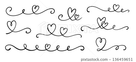 Heart line love set. Heart line outline swirl ribbon calligraphy hand drawn element design wedding graphic vector. Romantic doodle brush flourish elegant border love shapes. Vector 136459651