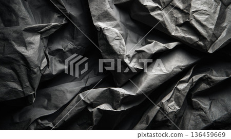 Crumpled black paper texture with soft shadow wrinkles Crumpled black paper texture with soft shadow wrinkles 136459669