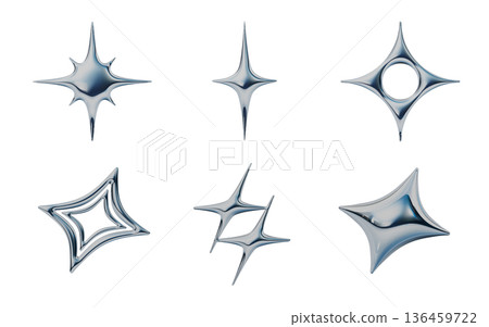 Various silver glitter marks. Plump Y2K style metallic 3D icons. Various silver glitter marks. Plump Y2K style metallic 3D icons. 136459722