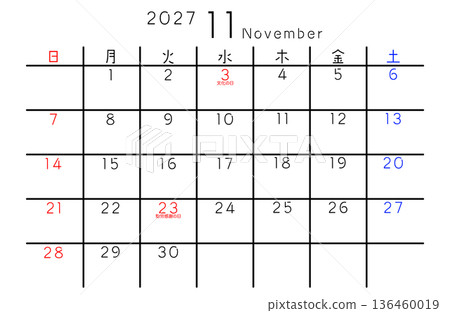 2027年簡易日曆 十一月 星期 日文 136460019