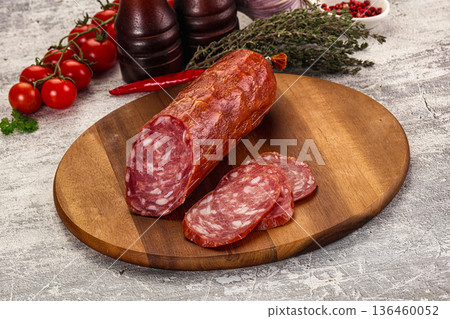 Italian pork Salchichon sausage with slices Italian pork Salchichon sausage with slices 136460052