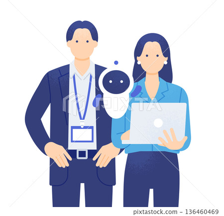 A DX project team utilizing AI. A man wearing an ID card case and a woman holding a computer. A DX project team utilizing AI. A man wearing an ID card case and a woman holding a computer. 136460469