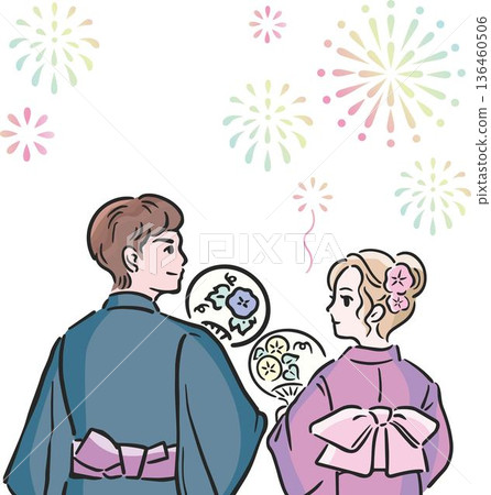 一對身著浴衣的情侶。插圖描繪了兩人在欣賞夏日祭典或煙火表演時的背影。 136460506