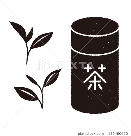Print-style simple tea tin and tea leaf set, monochrome 136460650