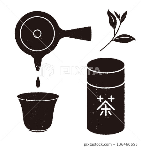 Print-style Japanese tea ceremony set, monochrome Print-style Japanese tea ceremony set, monochrome 136460653
