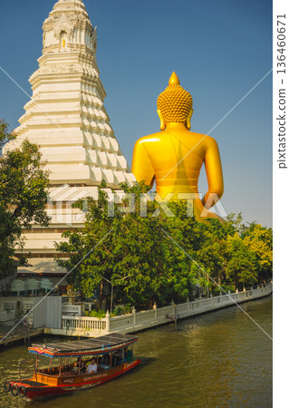 asia travel with large buddhist and beautiful temple with river at Bangkok Thailand in summer season asia travel with large buddhist and beautiful temple with river at Bangkok Thailand in summer season 136460671