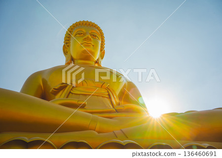 asia travel with large buddhist and beautiful temple with river at Bangkok Thailand in summer season asia travel with large buddhist and beautiful temple with river at Bangkok Thailand in summer season 136460691