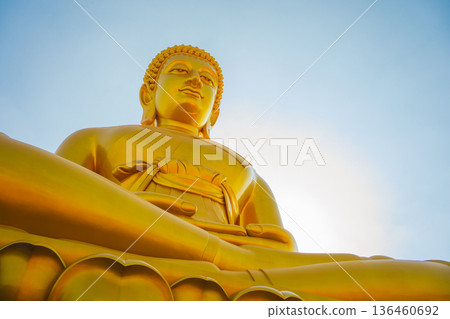 asia travel with large buddhist and beautiful temple with river at Bangkok Thailand in summer season 136460692