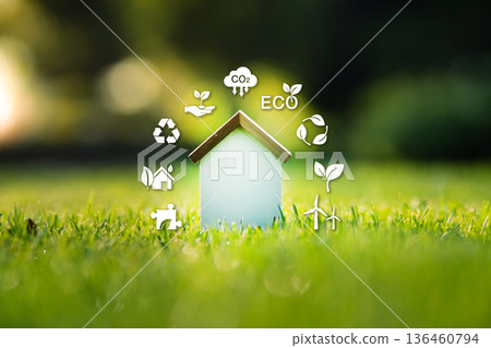 Sustainable home concept with eco-friendly icons on green grass. 136460794