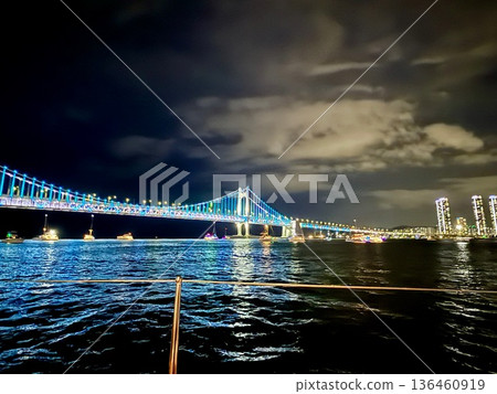 Night view of Gwangalli, Busan, seen from a yacht Night view of Gwangalli, Busan, seen from a yacht 136460919