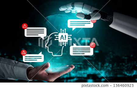 Human hand reaching out to artificial hand with AI brain graphics, showcasing communication and technology in modern digital innovation and intelligence Gantry 136460923