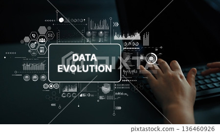 Modern Concept of Data Evolution with Graphical Elements and Hands on Keyboard Representing Digital Transformation. Asymptotic smart data analytic Modern Concept of Data Evolution with Graphical Elements and Hands on Keyboard Representing Digital Transformation. Asymptotic smart data analytic 136460926