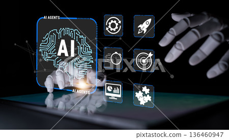 Futuristic Representation of Artificial Intelligence Agents with Interactive Data Visualization and Robotic Hand Manipulating Technology Interface Quark Futuristic Representation of Artificial Intelligence Agents with Interactive Data Visualization and Robotic Hand Manipulating Technology Interface Quark 136460947