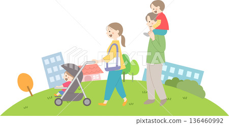 Mother pushing a stroller and family in the background 136460992