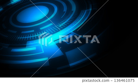 Futuristic blue HUD interface with glowing concentric circles and digital data visualization elements on dark background for high tech software concepts Futuristic blue HUD interface with glowing concentric circles and digital data visualization elements on dark background for high tech software concepts 136461075