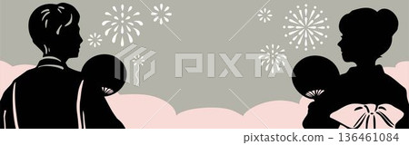 Summer festival and fireworks display banner background. Frame material of men and women silhouettes in yukata and fireworks Summer festival and fireworks display banner background. Frame material of men and women silhouettes in yukata and fireworks 136461084
