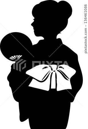 Silhouette of a woman wearing a yukata. Summer festival, fireworks display, back view. Decoration, design, illustration material 136461086