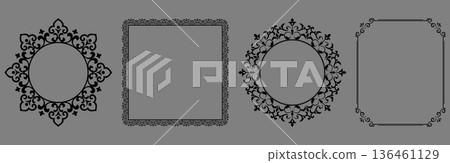 Set of decorative frames Elegant vector element for design in Eastern style, place for text. Floral black and gray frames. Lace illustration for invitations and greeting cards 136461129