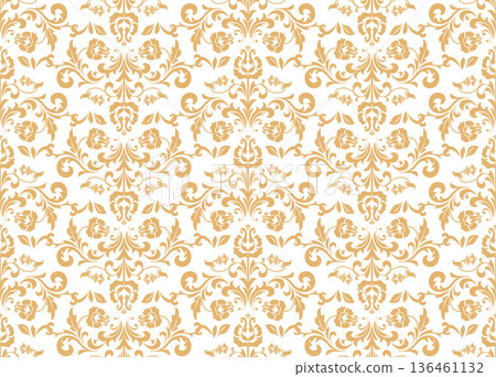 Floral pattern. Seamless vector background. Vintage wallpaper in the Baroque style. White and golden ornament for fabric, wallpaper, packaging. Ornate Damask flower illustration Floral pattern. Seamless vector background. Vintage wallpaper in the Baroque style. White and golden ornament for fabric, wallpaper, packaging. Ornate Damask flower illustration 136461132