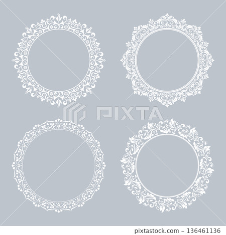 Set of decorative frames Elegant vector element for design in Eastern style, place for text. Floral gray and white frames. Lace illustration for invitations and greeting cards Set of decorative frames Elegant vector element for design in Eastern style, place for text. Floral gray and white frames. Lace illustration for invitations and greeting cards 136461136