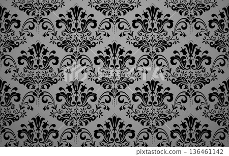 Wallpaper in the style of Baroque. Gray and black floral ornament. Seamless vector background. Graphic pattern for fabric, wallpaper, packaging. Ornate Damask flower illustration 136461142