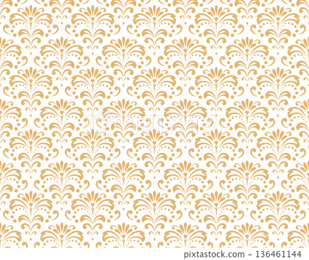 Floral pattern. Seamless vector background. Vintage wallpaper in the Baroque style. White and golden ornament for fabric, wallpaper, packaging. Ornate Damask flower illustration Floral pattern. Seamless vector background. Vintage wallpaper in the Baroque style. White and golden ornament for fabric, wallpaper, packaging. Ornate Damask flower illustration 136461144