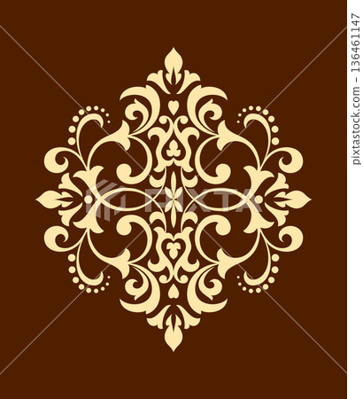 Damask graphic ornament. Floral design element. Brown and golden vector pattern 136461147