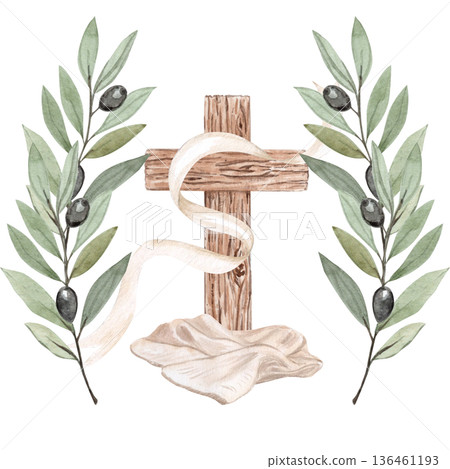 Cross with burial cloths beneath, flowing linen ribbon and olive branches watercolor illustration isolated on white. Perfect for Easter cards, Lent posters, church media, sermons, design, stationery. Cross with burial cloths beneath, flowing linen ribbon and olive branches watercolor illustration isolated on white. Perfect for Easter cards, Lent posters, church media, sermons, design, stationery. 136461193