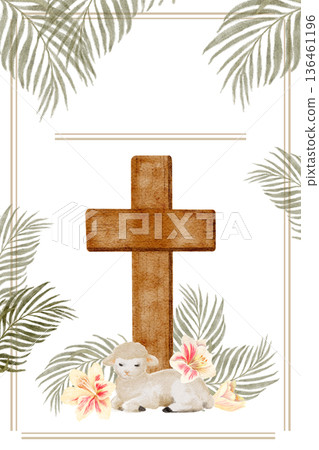 Watercolor poster with wooden cross, lilies, lamb at the base framed by palm branches, hand-painted in soft natural tones, ideal for Easter designs and church posters. Symbol of sacrifice and hope 136461196