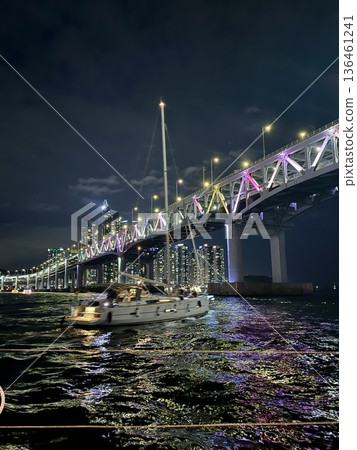 Night view of Gwangalli, Busan, seen from a yacht Night view of Gwangalli, Busan, seen from a yacht 136461241
