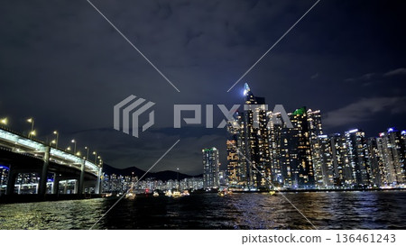 Night view of Gwangalli, Busan, seen from a yacht Night view of Gwangalli, Busan, seen from a yacht 136461243