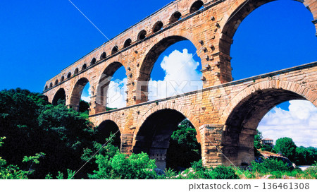 Spectacular view of the Pont du Gard aqueduct, a World Heritage Site Spectacular view of the Pont du Gard aqueduct, a World Heritage Site 136461308