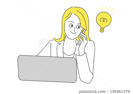 Business line drawing illustration of a woman with a flash of inspiration answering the phone in front of a computer Business line drawing illustration of a woman with a flash of inspiration answering the phone in front of a computer 136461379
