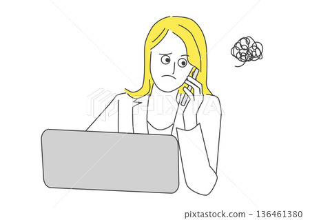 Business line drawing illustration of a woman with a confused expression answering the phone in front of a computer Business line drawing illustration of a woman with a confused expression answering the phone in front of a computer 136461380